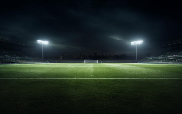 Campo de fútbol de hierba verde con reflectores