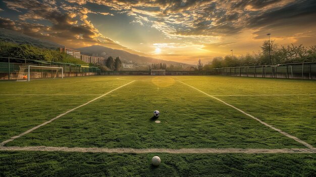 Foto campo de fútbol libre con textura en el centro del campo de luz de la noche con la pelota de fútbol