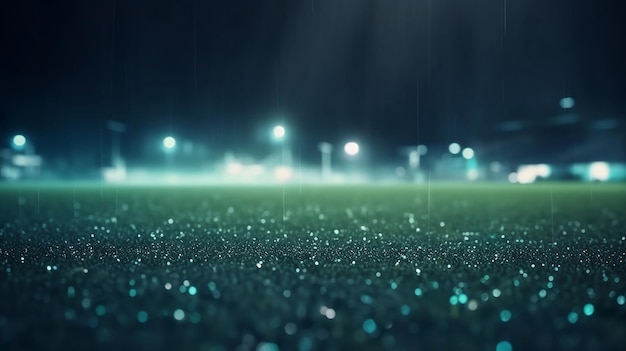Campo de fútbol lluvioso fondo borroso en la noche iluminado por luces brillantes IA generativa