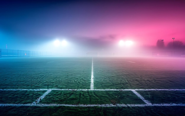 un campo de fútbol con una luz roja y azul en el medio