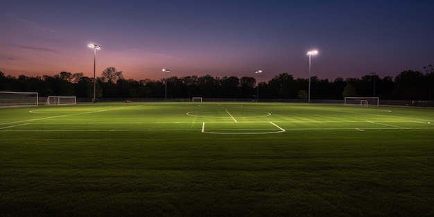 Un campo de fútbol de noche con un campo de fútbol iluminado.