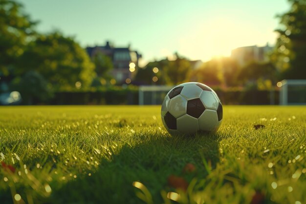 Campo de fútbol texturizado al anochecer con jugadores y pelota