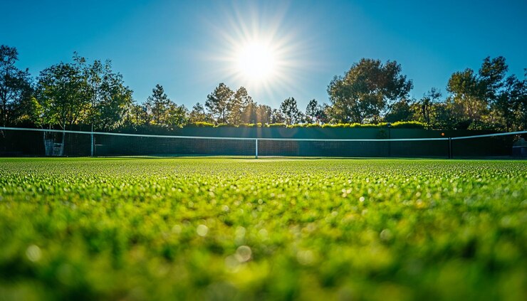 un campo de fútbol verde con el sol brillando a través de los árboles