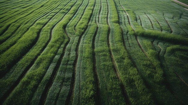 Campo generativo de IA de hierba verde con agua rociada vista aérea fotografía de drones