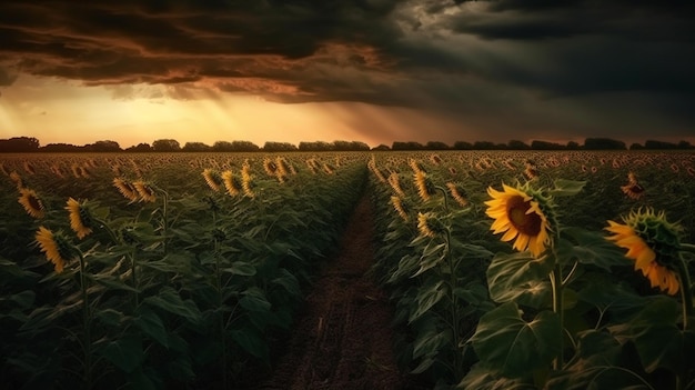 Campo de girasol al atardecer Cielo dramático y girasoles generativos ai