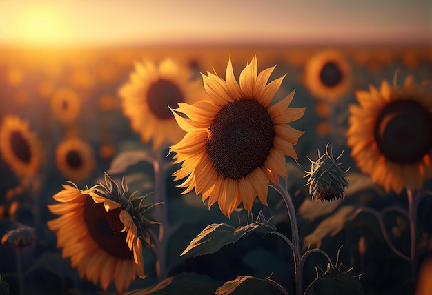 Campo de girasol al atardecer Hermoso paisaje con girasoles ai generativo