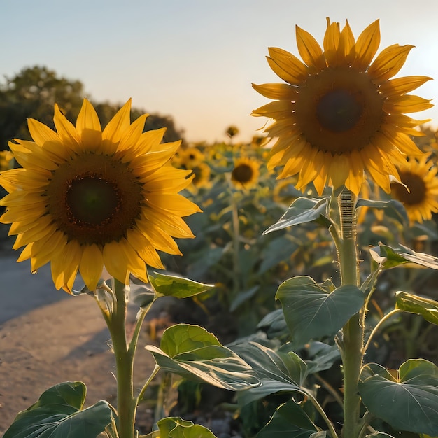 un campo de girasol con una carretera en el fondo