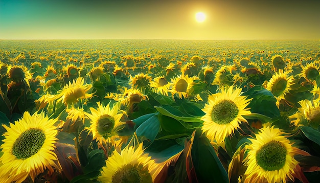 Campo de girasol con cielo soleado en el paisaje en el arte de la ilustración de pintura realista.