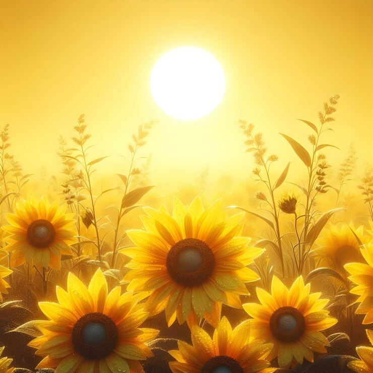 un campo de girasol con el sol detrás de él
