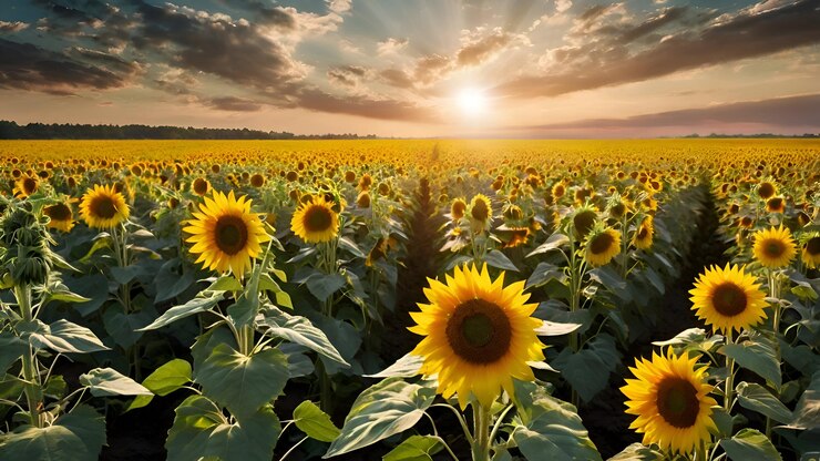 un campo de girasol con el sol detrás de él