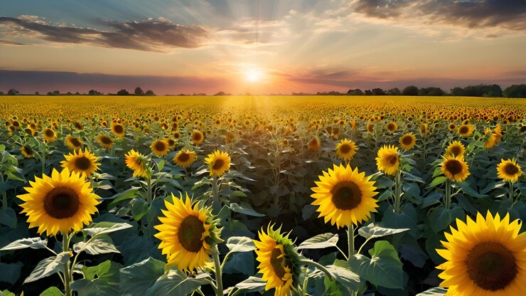 un campo de girasol con el sol poniéndose detrás de él
