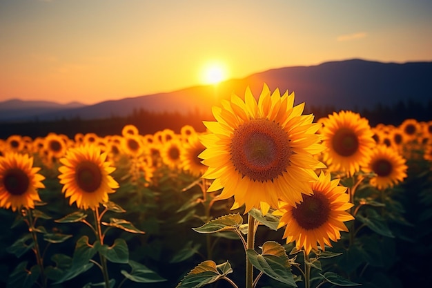 un campo de girasol con el sol poniéndose detrás de él