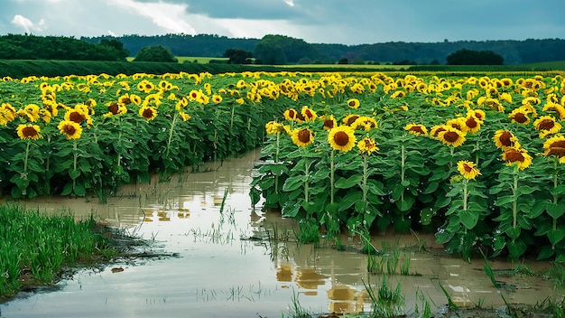 un campo de girasoles con el agua en el fondo