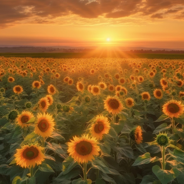 Un campo de girasoles al atardecer con la puesta de sol detrás de él.