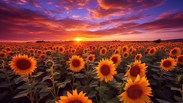 Un campo de girasoles al atardecer.