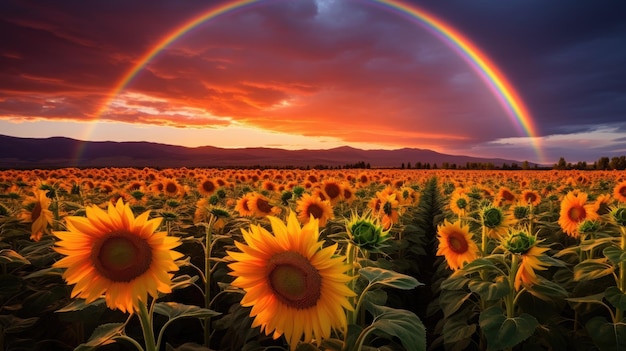 un campo de girasoles con un arco iris en el fondo