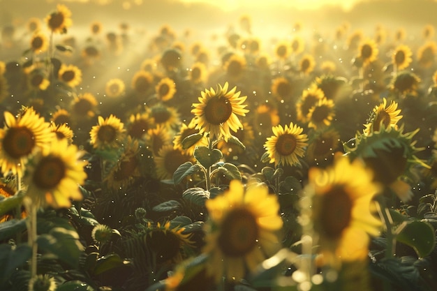 Un campo de girasoles balanceándose en la brisa