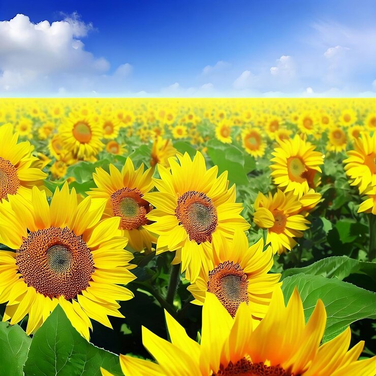 Un campo de girasoles con un cielo azul detrás de ellos.
