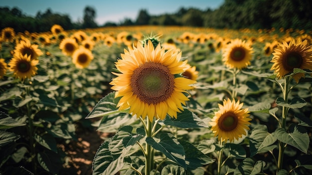 Un campo de girasoles con un cielo azul de fondo