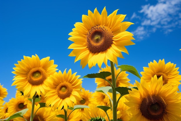 un campo de girasoles con un cielo azul en el fondo