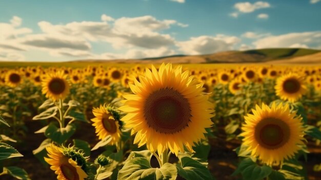 Un campo de girasoles con un cielo azul de fondo.