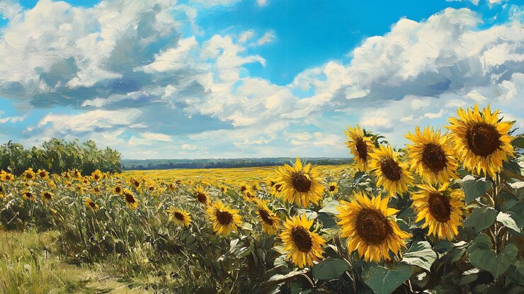 Un campo de girasoles bajo un cielo azul con nubes blancas