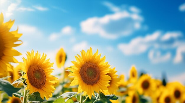 Campo de girasoles con cielo azul nublado