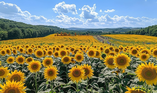 un campo de girasoles con un cielo en el fondo