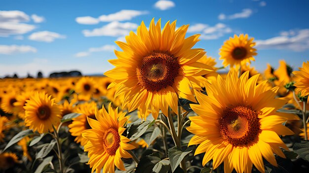 un campo de girasoles con el cielo en el fondo