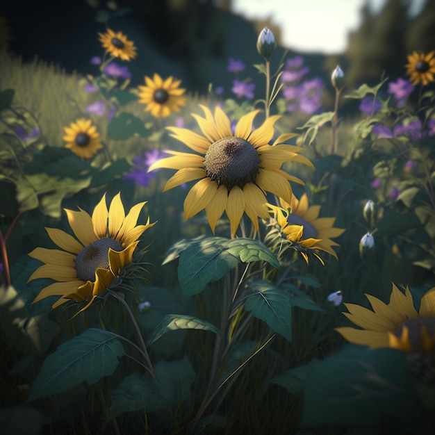 Un campo de girasoles está rodeado de flores violetas y amarillas.