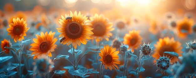 Un campo de girasoles en flor con abejas en el fondo