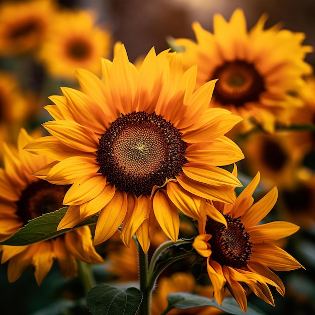 un campo de girasoles con un fondo oscuro.