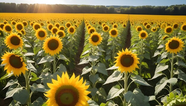 Campo de girasoles gigantes en un soleado día de verano