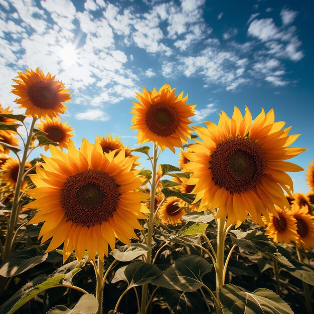 Un campo de girasoles girando sus caras hacia el cálido sol de primavera