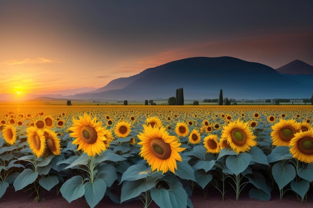 Un campo de girasoles con una montaña al fondo.