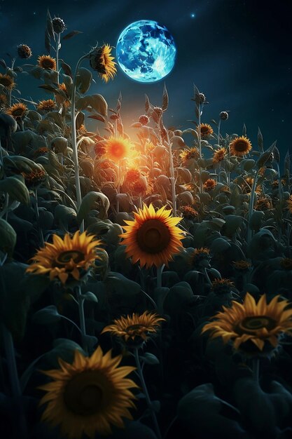 Foto campo de girasoles en noche de luna llena