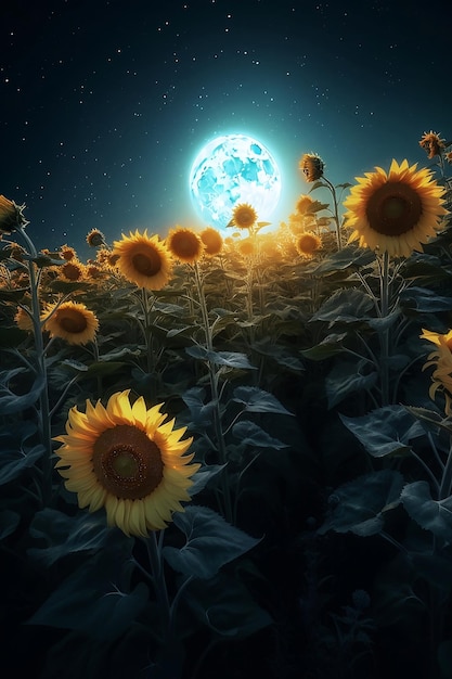 Campo de girasoles en noche de luna llena