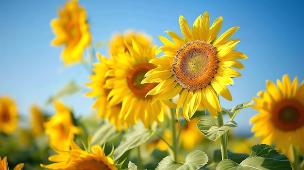 Un campo de girasoles con un primer plano de un girasol en primer plano El girasol está frente al espectador con sus pétalos abiertos