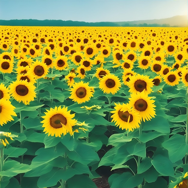 Campo de girasoles con un primer plano de la luz del sol brillante