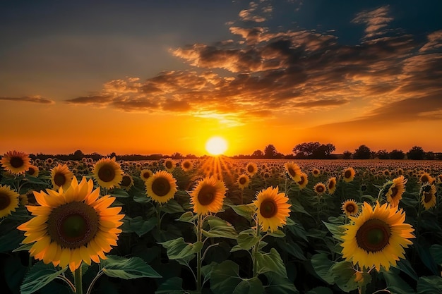 Un campo de girasoles con la puesta de sol detrás de él