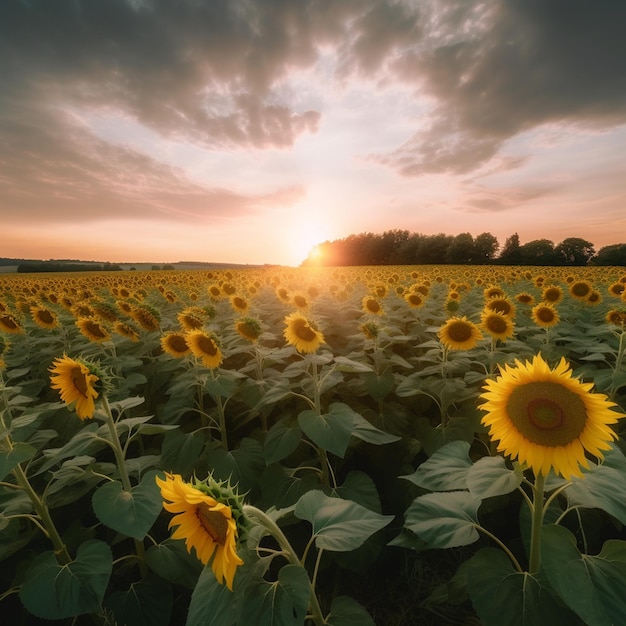 Un campo de girasoles con la puesta de sol detrás de él