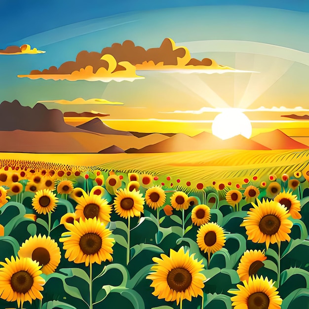 Un campo de girasoles con una puesta de sol de fondo