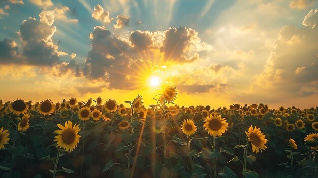 Foto un campo de girasoles que se extiende hasta el horizonte con un brillante sol amarillo que se levanta por encima de ellos los girasoles están en plena floración