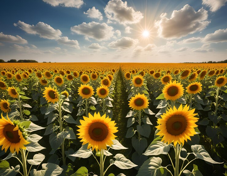 un campo de girasoles con el sol brillando a través de las nubes