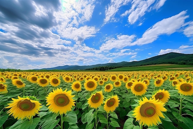 Un campo de girasoles con el sol en el centro.