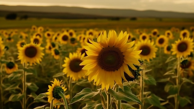 Un campo de girasoles con el sol de fondo