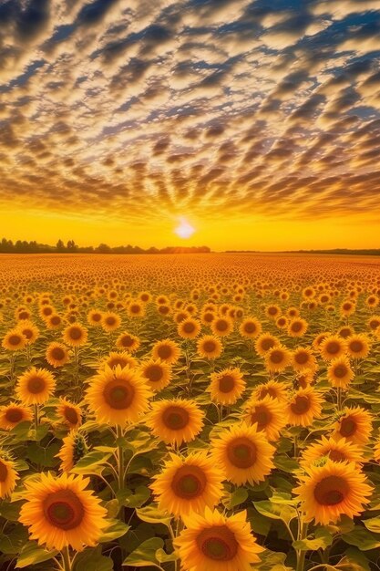 Foto un campo de girasoles con el sol poniéndose detrás de ellos