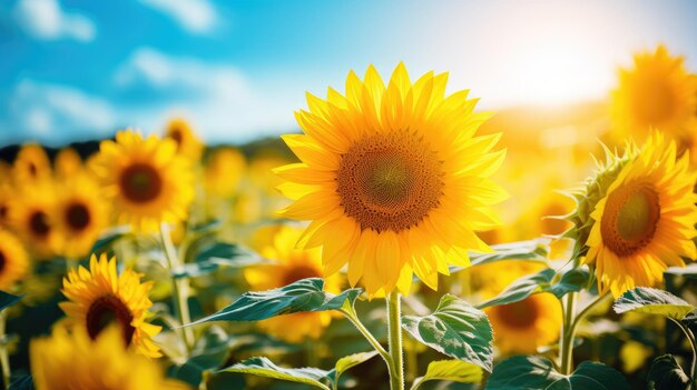 un campo de girasoles con sus pétalos de color amarillo brillante frente al sol que representa el calor