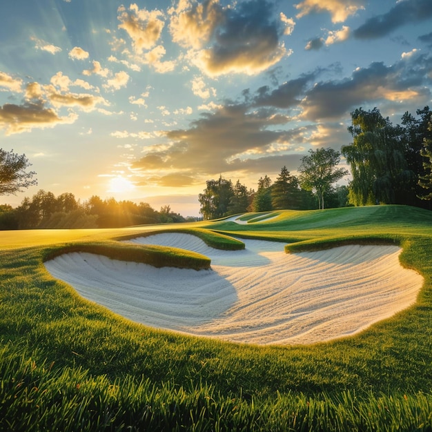 Campo de golf al atardecer con hermoso cielo y trampa de arena Vista panorámica del campo de golf