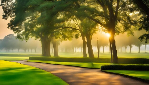 Foto un campo de golf con un árbol en el medio